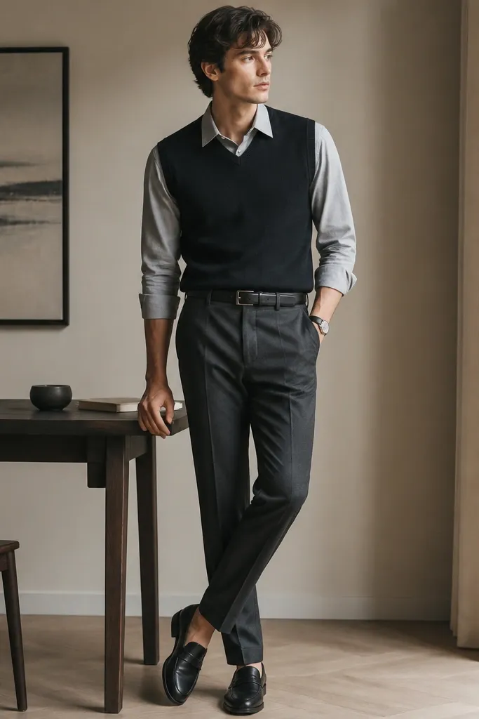 A light gray flannel button-down under a dark sweater vest. Charcoal trousers are straight with a clean crease. Shoes are black leather loafers with a low profile. The outfit is styled with a simple wristwatch and a belt that matches the shoes.
