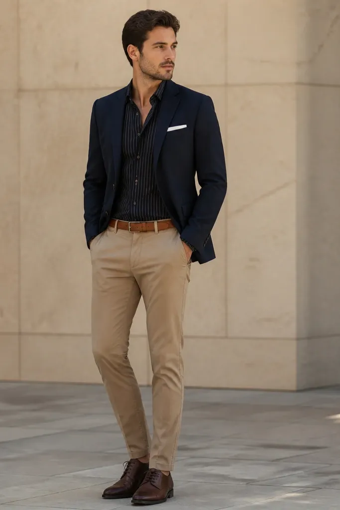 A navy blazer with a black-and-navy striped dress shirt. The trousers are beige-tan chinos, and the belt is tan. Shoes are dark brown leather derbies. The photo shows a neat pocket square with a matte white fabric.