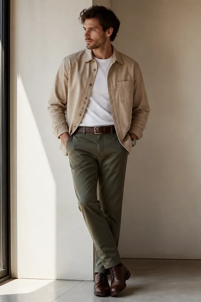 A biscuit-colored overshirt worn over a white crew tee. Olive trousers are straight and slightly tapered. Shoes are dark brown leather lace-ups or boots. The outfit has a relaxed but tidy look with a watch and simple belt.