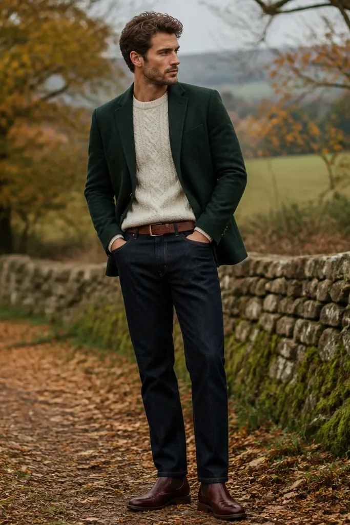 A forest green blazer paired with a cream knit sweater. The bottom is dark indigo jeans with a straight leg. Shoes are burgundy leather boots, and the belt matches the boots. The outfit looks warm and autumnal.