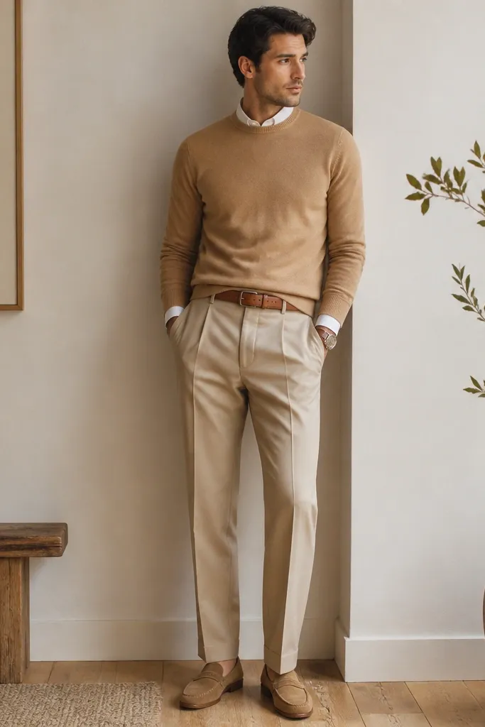 A camel crewneck sweater worn over a white Oxford cloth button-down. Tan chinos are straight and neatly pressed. Shoes are tan suede loafers. The belt is tan leather, and the watch strap is brown.
