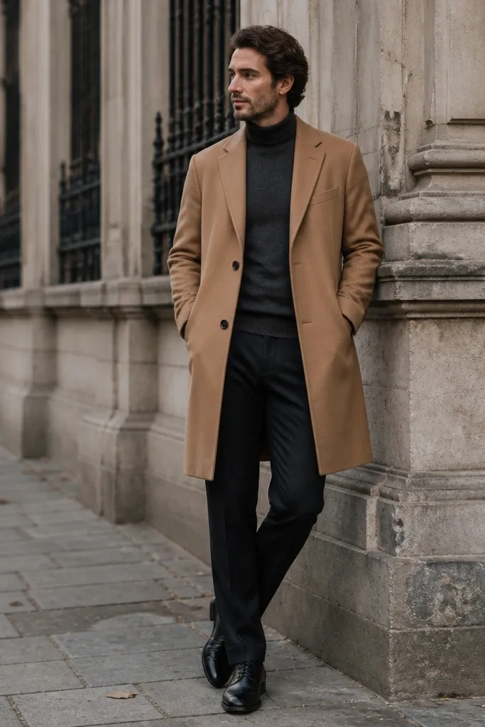 A charcoal turtleneck sweater under a camel overcoat. The trousers are dark charcoal or black with a straight leg. Shoes are black leather oxfords. The look is photographed outdoors with cold-weather styling cues.