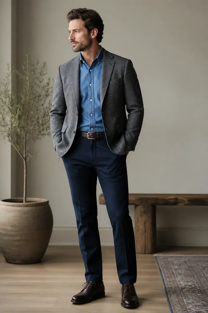A gray flannel blazer layered over a chambray button-down shirt. Navy chinos are worn with a slight break. Shoes are dark brown leather derbies. The belt matches the shoes, and the collar sits neatly under the blazer lapels.