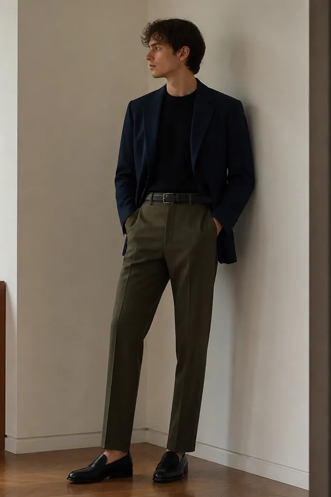 A navy blazer worn over a black crewneck sweater. Olive trousers are straight with a clean hem. Shoes are black leather loafers, and a black belt matches. The outfit looks minimal and sharp.