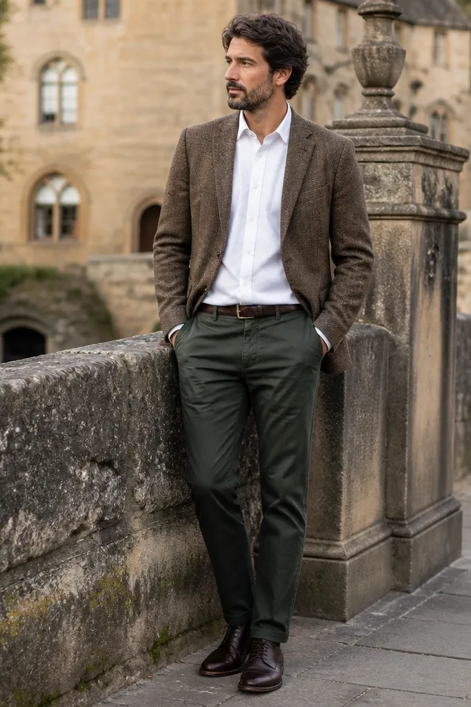 A brown tweed blazer with visible texture, paired with a white button-down shirt. Dark green chinos are worn straight with a small break. Shoes are dark brown leather lace-ups. The outfit looks warm and textured in outdoor daylight.