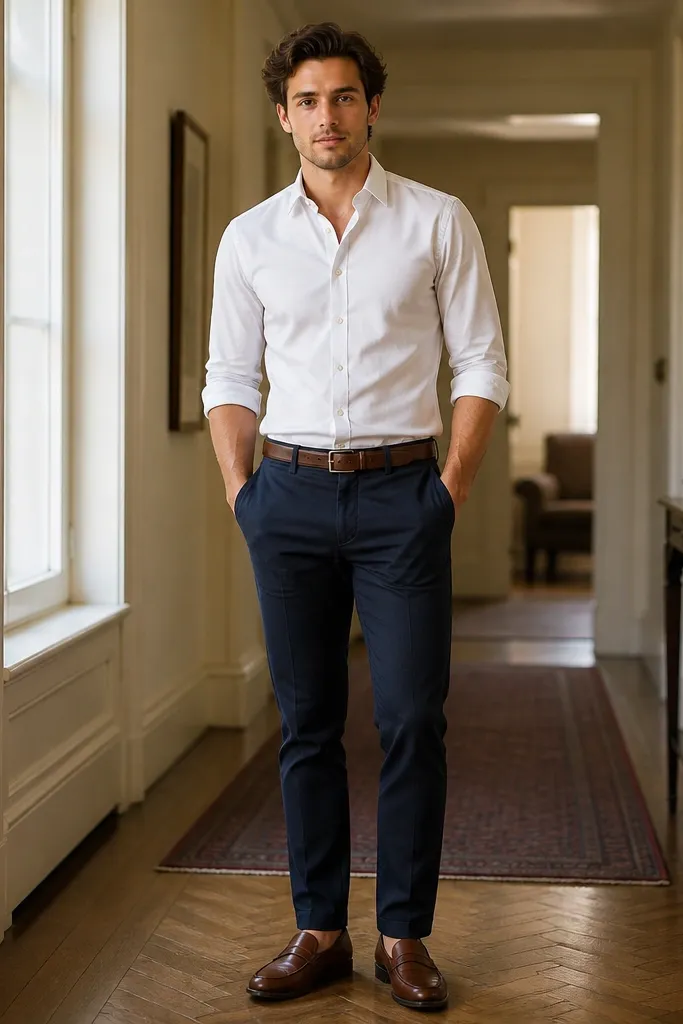 A white button-down with sleeves rolled to just below the elbow, tucked into navy chinos. Brown leather loafers are worn with a brown belt. The outfit is clean and casual-smart, photographed in a hallway.