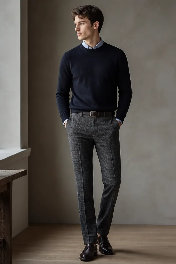 A navy crewneck sweater worn with checked trousers in charcoal and gray. The shirt is visible at the collar, and the outfit is styled with dark leather shoes. A slim belt matches the shoes. The photo shows the checked pattern clearly without being loud.