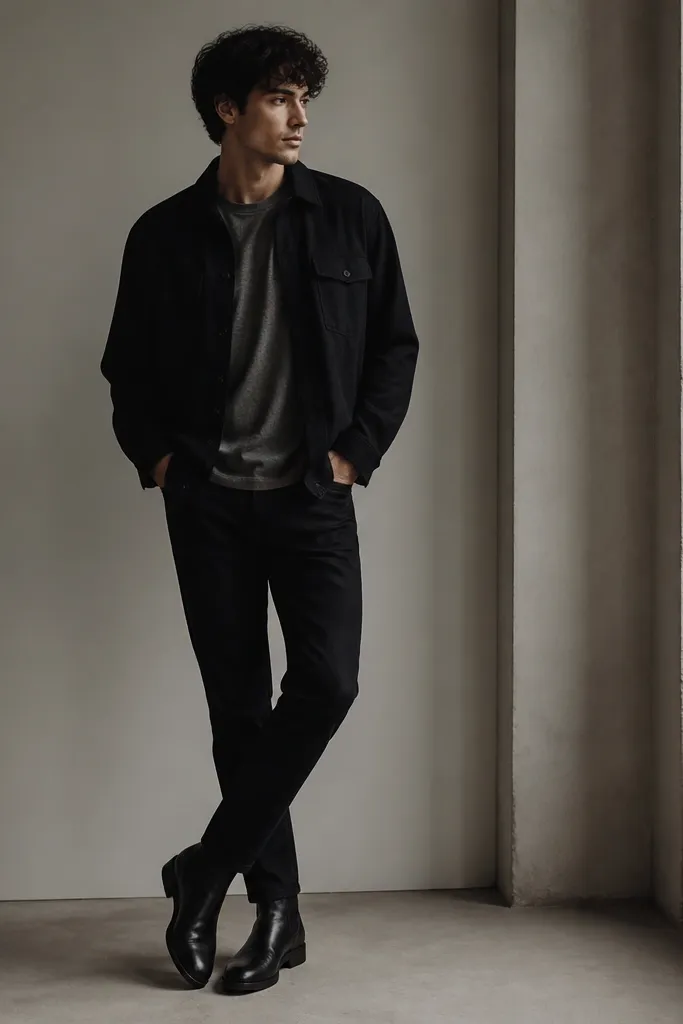 A black overshirt worn over a gray crew tee, paired with black denim jeans. Shoes are black leather boots with a clean sole. The outfit looks dark and modern with minimal accessories.