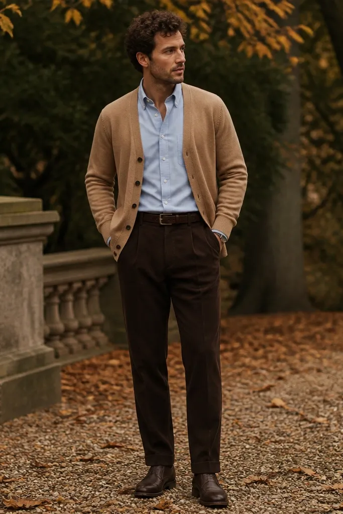 A light blue Oxford shirt under a camel cardigan. The trousers are deep brown with a straight line. Shoes are dark brown leather derbies, and the belt matches the trousers. The outfit is photographed outdoors with warm fall tones.