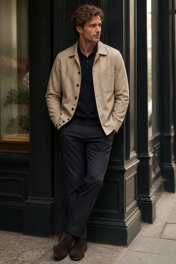 A sand-colored overshirt worn over a navy polo. Dark chinos are worn straight with a neat hem. Shoes are dark brown suede loafers or chukkas. The outfit looks relaxed but tidy, photographed near a storefront.