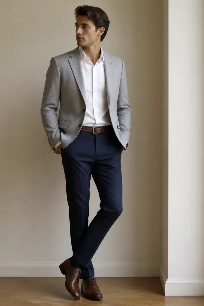 A light gray blazer paired with navy trousers. A crisp white shirt is worn underneath with a clean collar. Shoes are dark brown leather oxfords. The belt matches the shoes, and the outfit looks like a suit but casual.