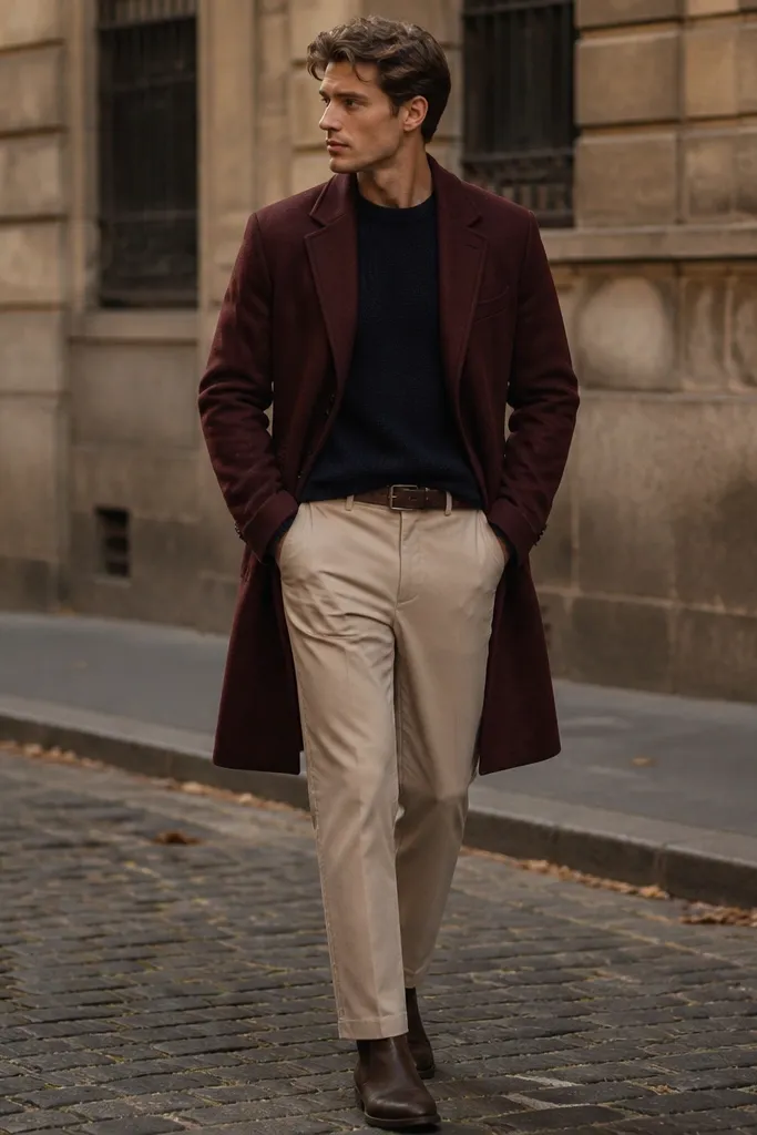 A burgundy overcoat over a navy sweater. Beige trousers are straight and neatly pressed. Shoes are dark brown boots, and the belt matches. The outfit looks warm and stylish for late fall evenings.