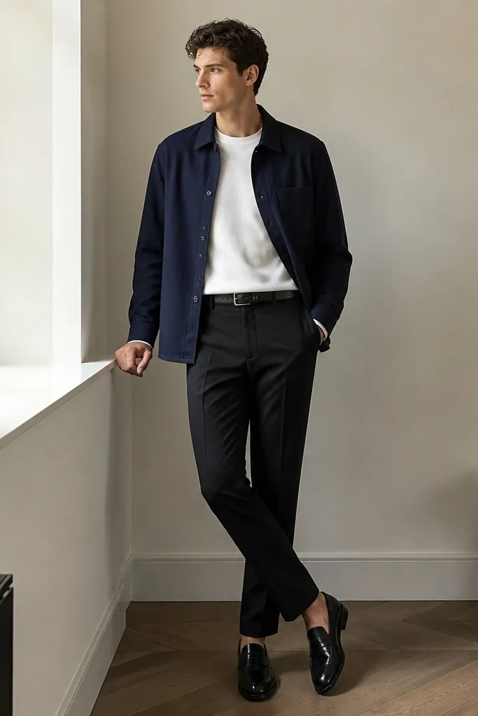 A navy overshirt worn over a white crewneck sweatshirt. Black trousers are straight with a clean crease. Shoes are black leather loafers, and the belt matches. The outfit looks modern and tidy.
