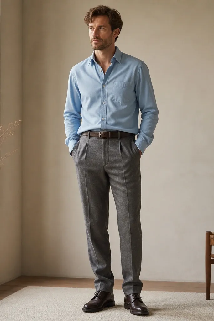 A light blue chambray shirt worn untucked or lightly tucked into gray flannel trousers. The trousers have a straight leg and a slight break. Shoes are dark brown leather derbies, and the belt matches. The outfit looks soft and textured with no blazer.