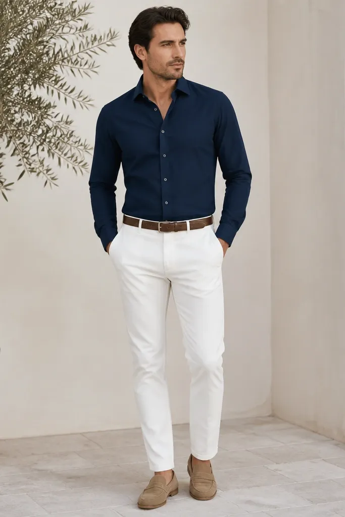 A navy blue button-down shirt with a crisp collar, sleeves neatly down, tucked into white slim chinos. Brown leather belt and tan suede loafers. Minimal accessories, clean straight silhouette.