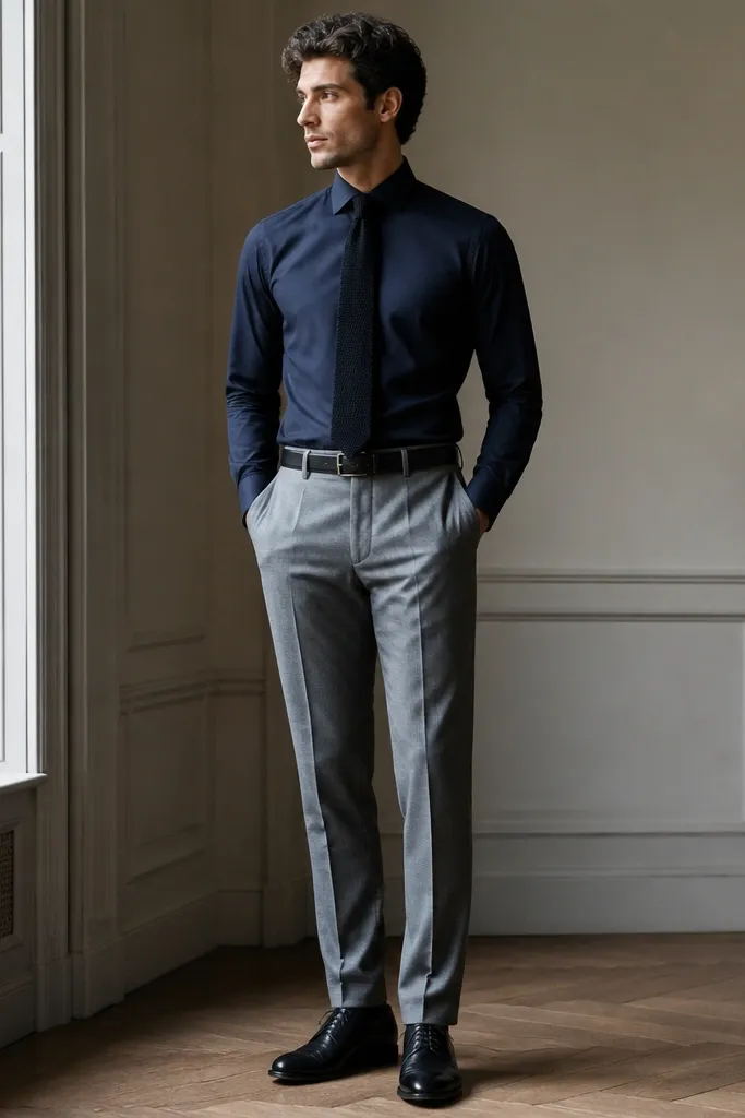 A navy dress shirt worn under a dark knit tie, buttoned at the collar with no jacket. Light gray wool trousers, black belt, and dark leather oxford shoes. The shirt is tucked neatly with a clean V shape at the tie knot.