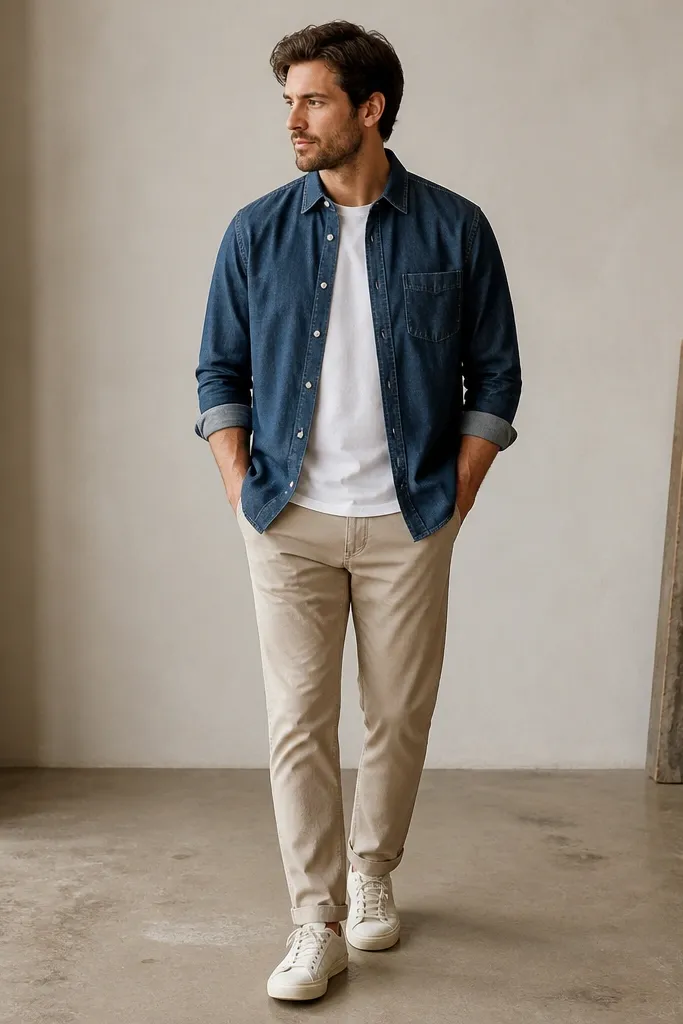 A navy chambray button-up worn as an overshirt over a plain white tee. Stone chinos, off-white sneakers, sleeves rolled once. The overall look is casual with a slightly rugged texture.