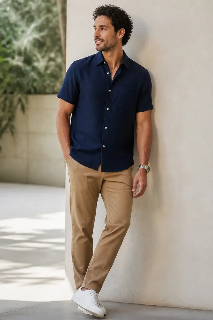 A navy short-sleeve button-down worn untucked over tan chinos. White low-top sneakers, no tie, and a simple silver watch. The shirt fabric looks breathable and lightly textured.