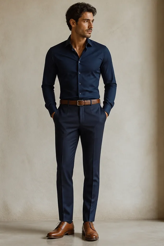 A navy shirt tucked into navy suit trousers with a slightly different navy shade. Brown leather belt and cognac leather shoes. No jacket shown; the suit fabric has a subtle sheen.