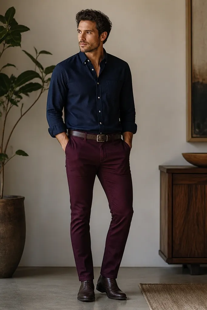 A navy button-down with sleeves rolled once, tucked into deep burgundy chinos. Dark brown leather boots and a matching belt. The lighting makes the burgundy look wine-toned, not bright.