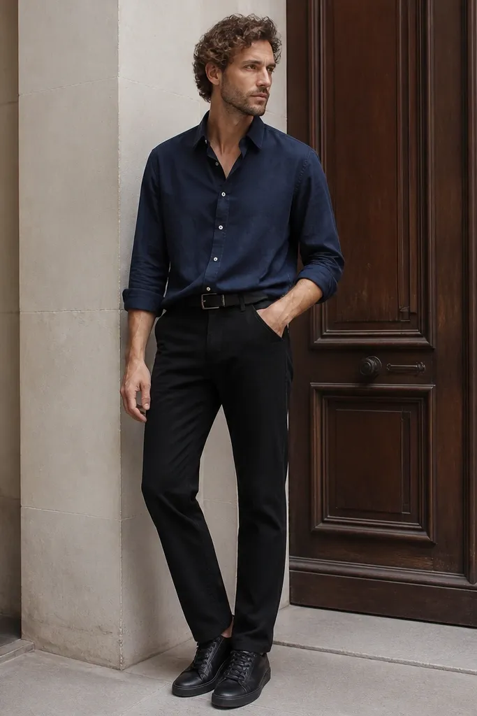 A navy shirt worn half-tucked into black straight-leg jeans. The shirt is slightly wrinkled in a natural way, sleeves rolled to the forearm. Black suede belt and black leather sneakers.