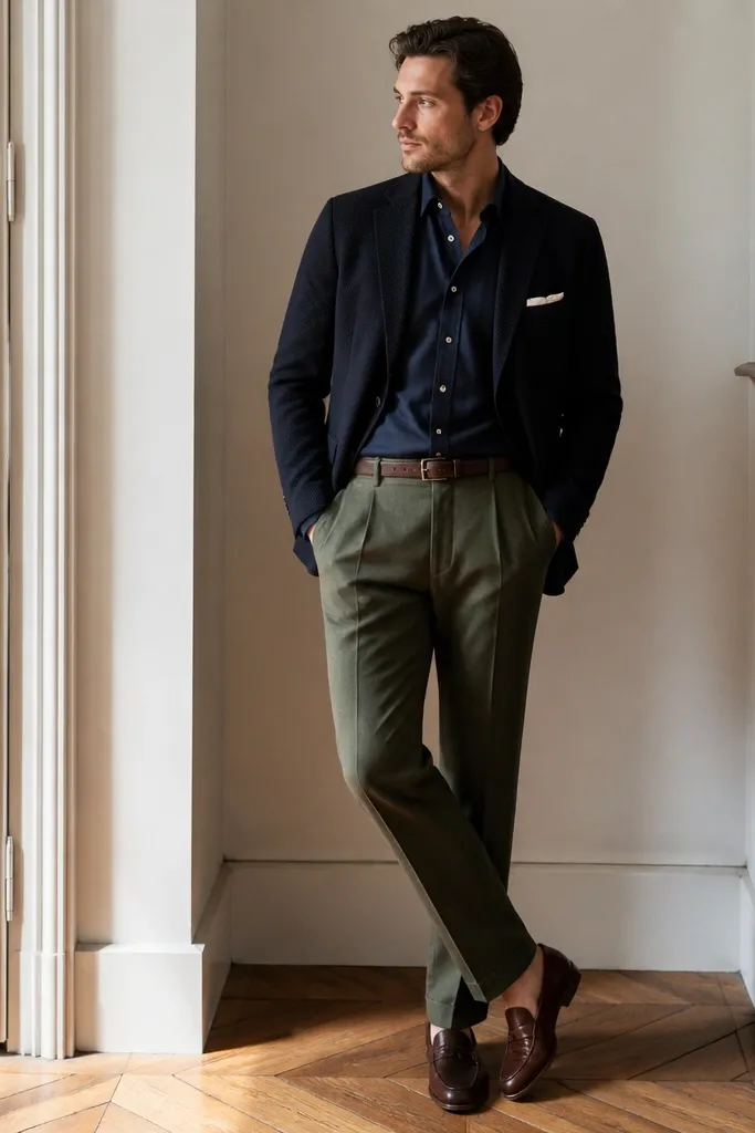 A navy shirt tucked into olive wool trousers. A navy knit blazer or no jacket is shown, with a white pocket square peeking from a breast pocket. Brown loafers and belt.