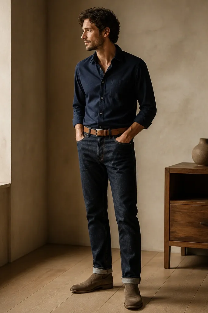 A navy button-down with a casual collar, fully tucked into indigo selvedge jeans. Suede chukka boots in dark sand, belt in tan leather. The jeans have visible selvedge edge at the hem.