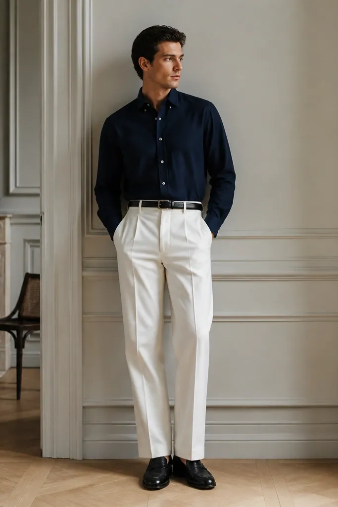 A navy button-up tucked into white wide-leg trousers with a slight crease. Black leather loafers and a black belt. The shirt is crisp, collar flat, sleeves down.