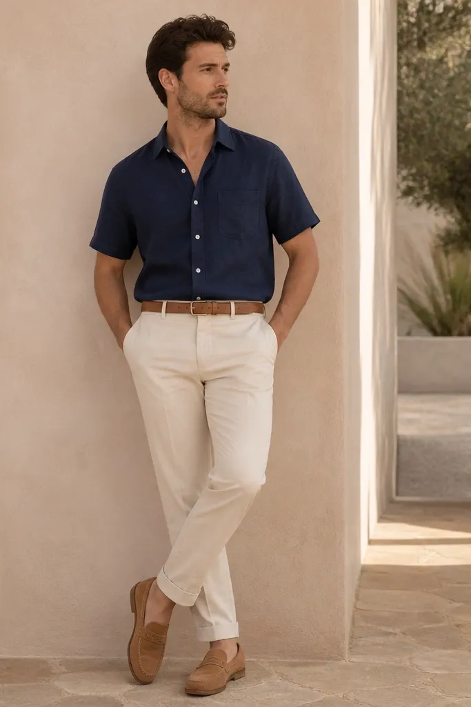 A navy short-sleeve button-down tucked into cream chinos. Tan loafers with a low profile and a light brown belt. The shirt fabric looks breathable and slightly textured.
