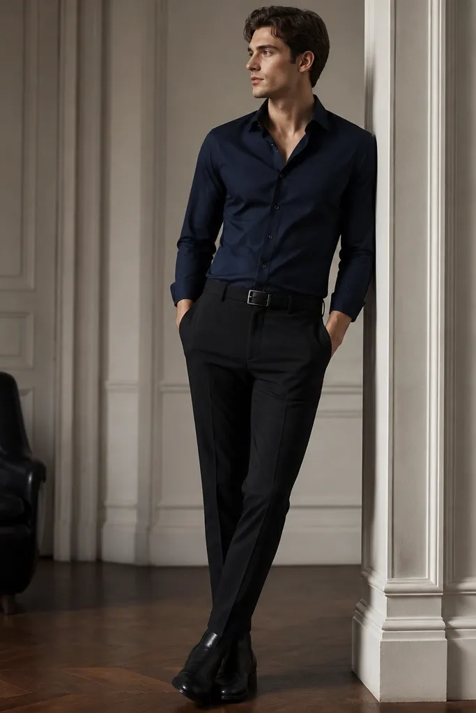 A navy shirt tucked into black tailored trousers. Black Chelsea boots, black belt, and a clean collar with the top button left open. The overall look is sleek and evening-ready.
