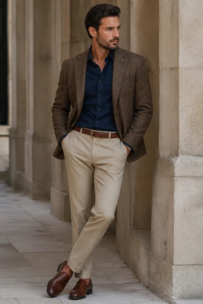 A navy shirt tucked into khaki trousers with a brown tweed blazer. The blazer has visible texture and slightly rough weave. Brown leather shoes and a simple belt. No tie shown.