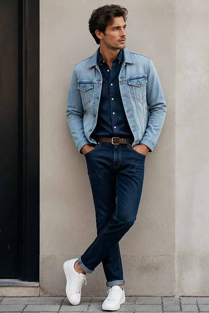 A navy shirt worn under a light blue denim jacket, with dark indigo jeans. The shirt is buttoned and the jacket is open. White sneakers and a casual belt appear at the waist.