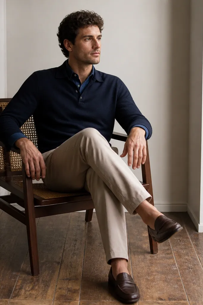 A navy button-down layered under a navy knit polo worn open at the collar. The shirt collar peeks out, and the sleeves show at the cuffs. Beige chinos and dark brown loafers complete the look.