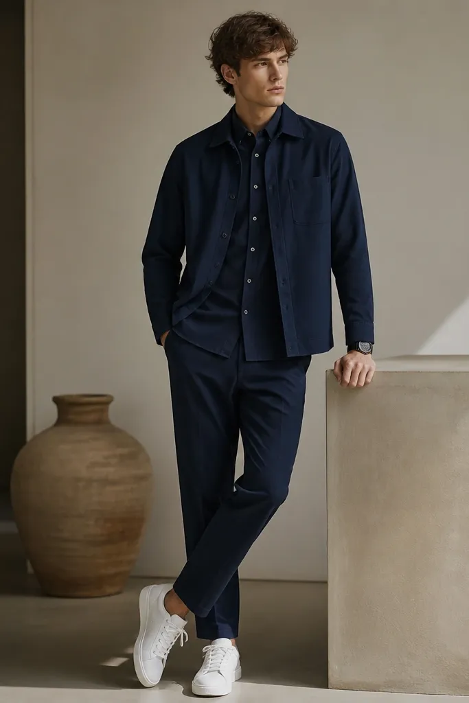 A monochrome navy outfit: navy shirt worn under a navy overshirt, both buttoned. White sneakers and a black watch. The overshirt collar sits neatly over the shirt collar.