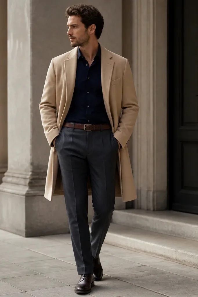 A navy shirt tucked into dark gray trousers. A beige overcoat is worn open, with the shirt collar visible. Dark leather shoes and a brown belt appear at the waist.