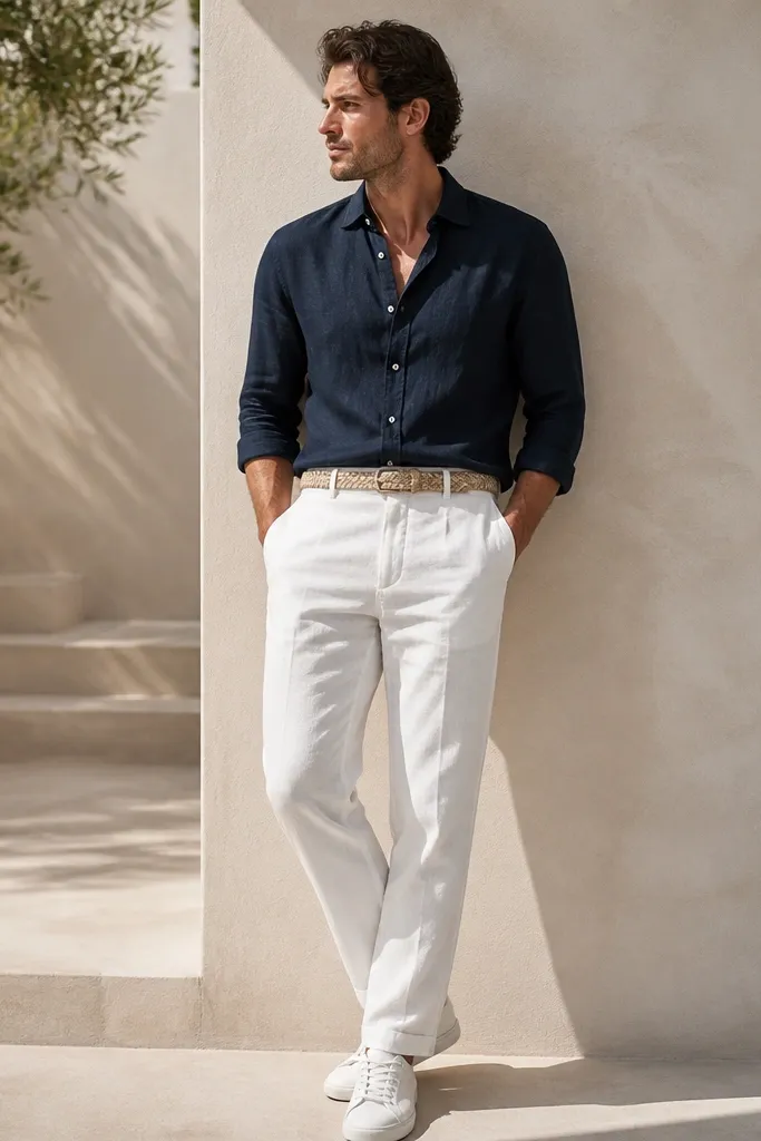 A navy linen button-up tucked into white linen trousers. Sleeves are rolled once. A braided belt in tan and white sneakers with a low profile.