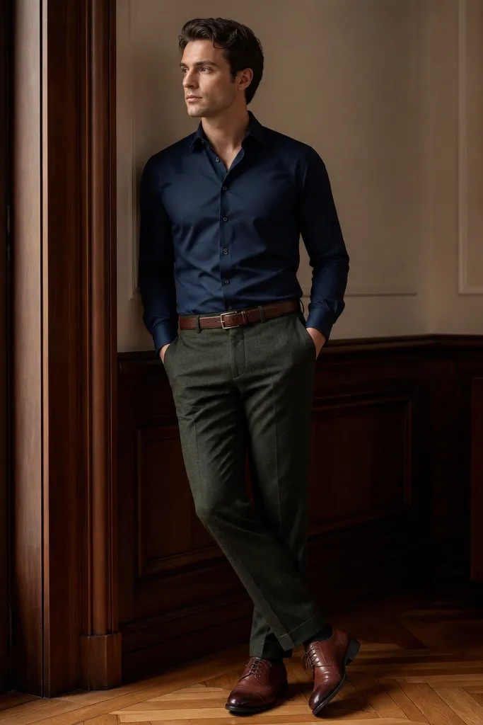 A navy shirt tucked into dark green trousers with a subtle wool texture. Brown leather derbies and a matching brown belt. The shirt collar is neatly pressed, no tie shown.