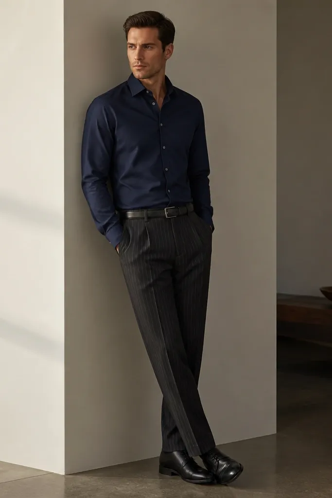 A navy shirt tucked into dark trousers with thin vertical stripes. The shirt collar is flat, sleeves down. Black belt, black leather shoes, and a clean belt line.