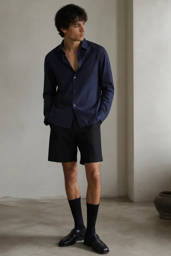 A navy button-down worn untucked over tailored black shorts. Long dark socks and black leather sandals or loafers. The shirt is unbuttoned at the top with a relaxed collar.