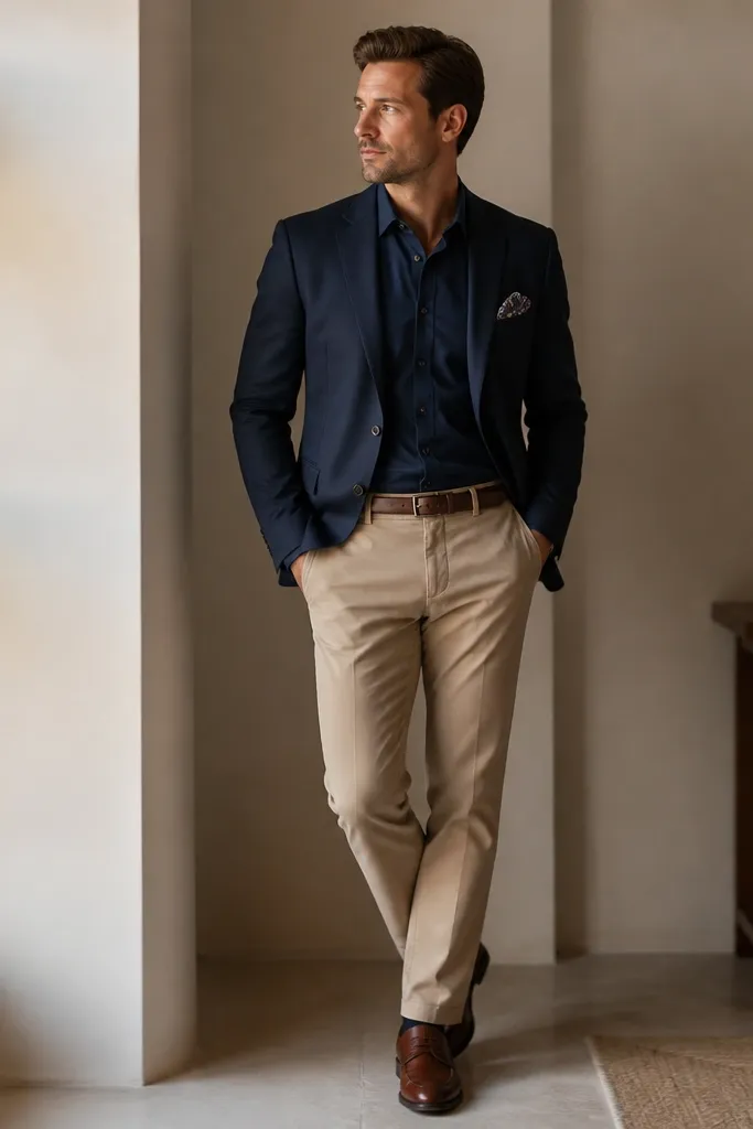 A navy blazer over a navy shirt, the shirt tucked into khaki trousers. A patterned pocket square shows in the blazer pocket. Brown shoes and belt complete the suit-like look.