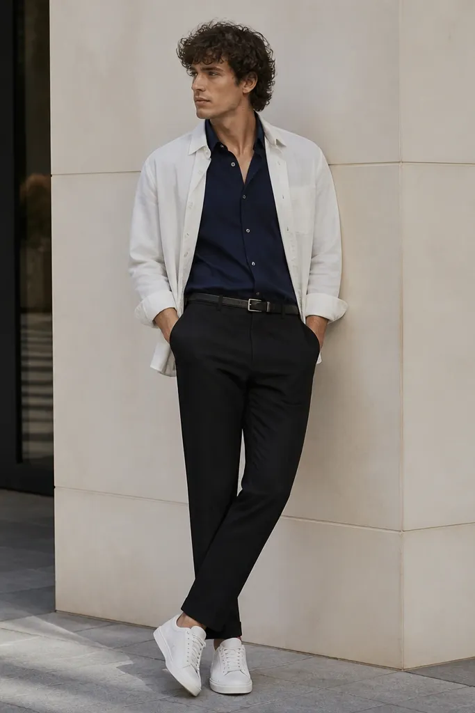 A navy shirt tucked into black trousers under a white chambray overshirt worn open. The overshirt collar is up slightly and sleeves are rolled once. White sneakers and a dark belt.