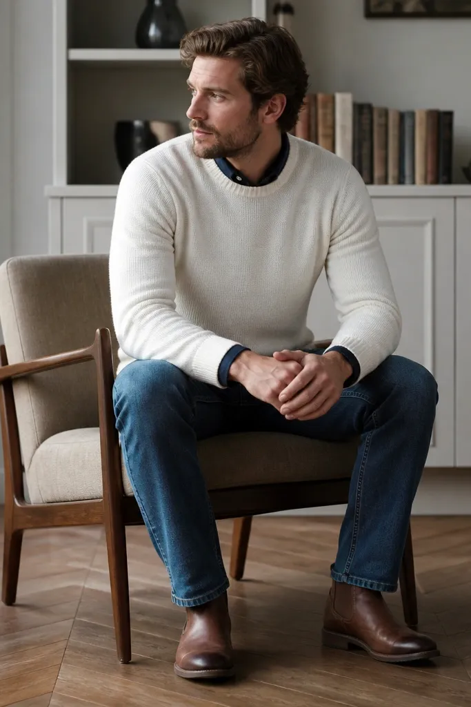 A navy shirt worn under an off-white crewneck sweater, sleeves peeking at the cuffs. Blue jeans and brown leather boots. The shirt collar shows slightly above the sweater neckline.