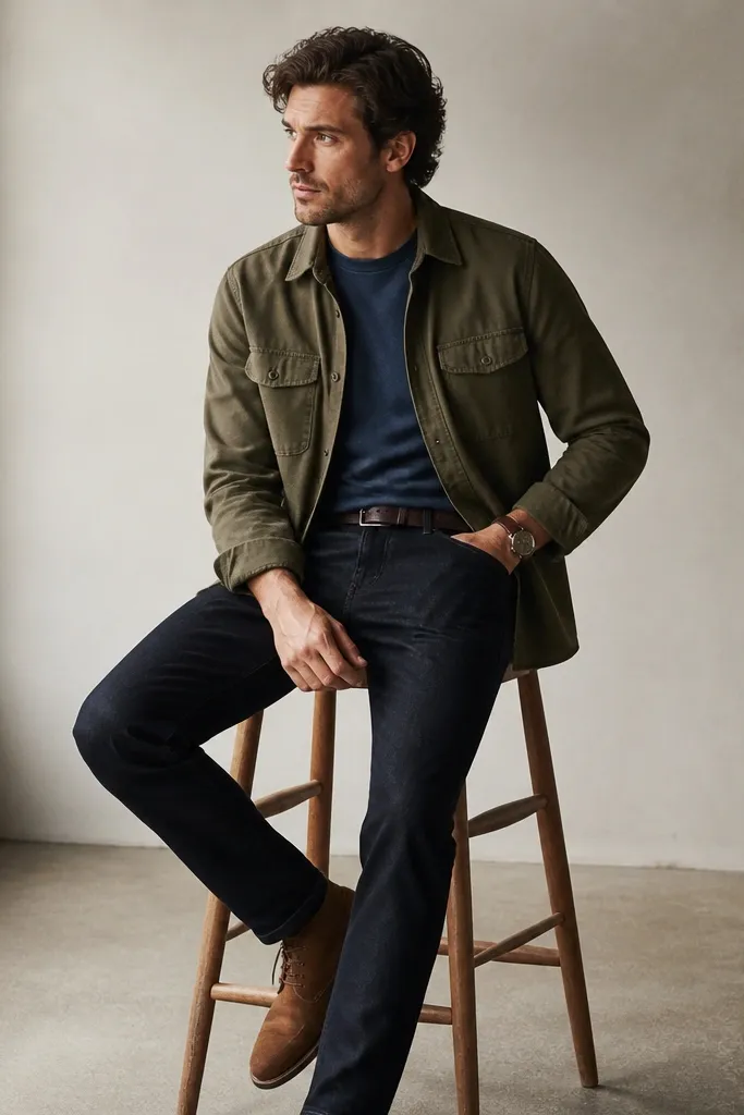 A darker indigo blue washed t-shirt under an olive green overshirt with two chest pockets. The jeans are dark and straight with a slight taper. Brown suede chukka boots, a dark belt, and a watch with a leather strap.
