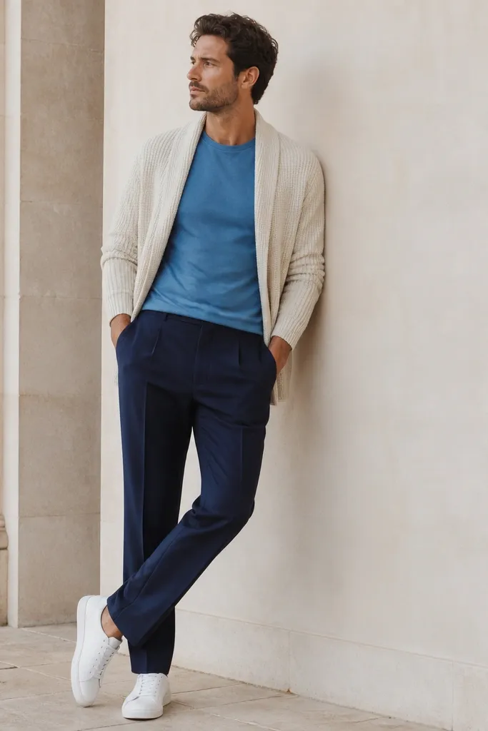 A medium coastal blue t-shirt under a cream knit cardigan with a relaxed drape. Navy trousers are tailored with a clean crease and straight leg. White sneakers with a low profile, and minimal accessories.