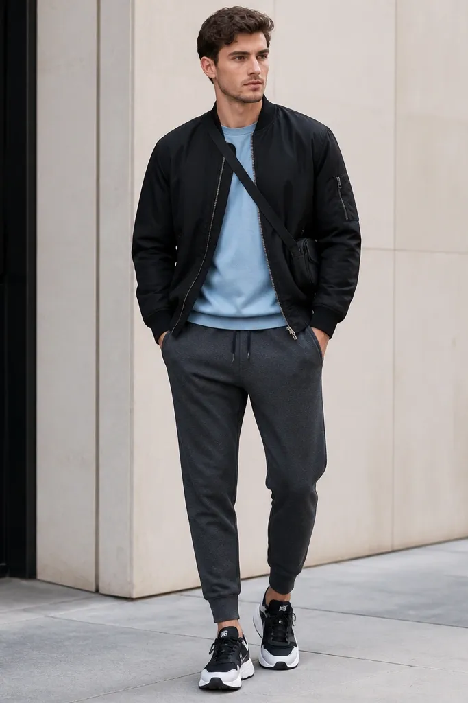A light sky blue t-shirt with a black bomber jacket zipped halfway. Charcoal joggers with a tapered ankle and ribbed cuffs. Black-and-white trainers and a black crossbody bag.