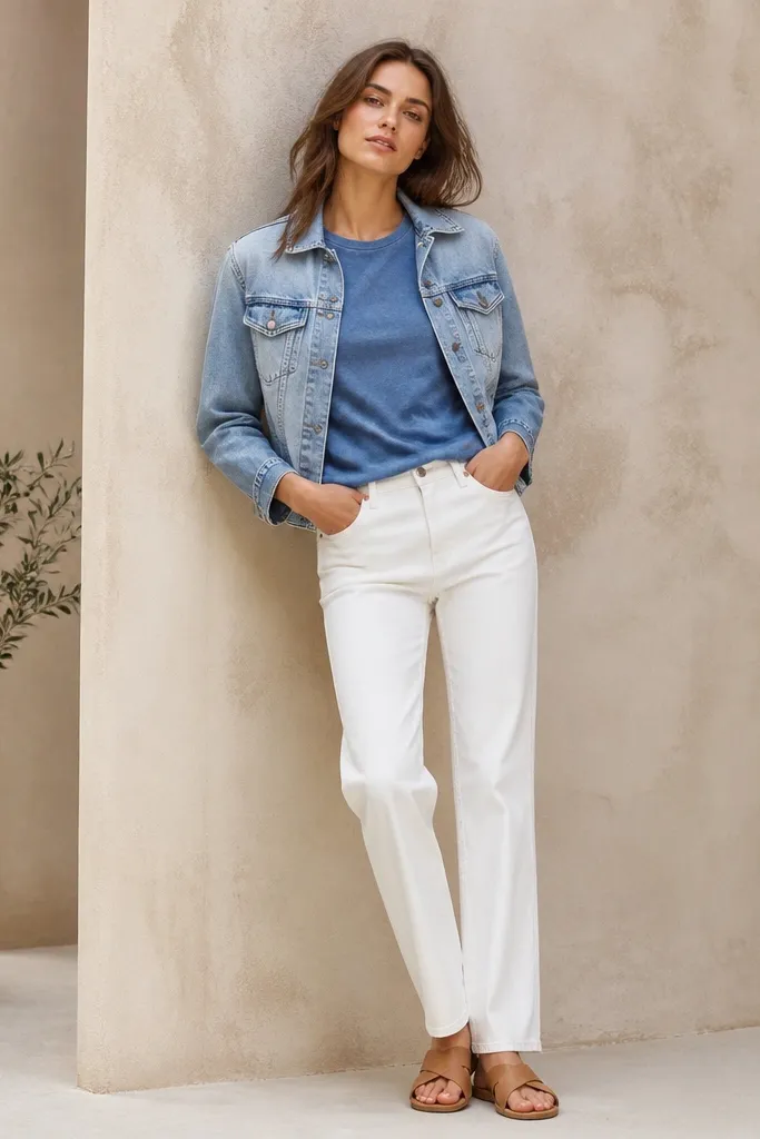 A washed denim-blue t-shirt under a light blue denim jacket with a slightly cropped length. White jeans with a straight cut. Tan leather sandals and a relaxed posture.