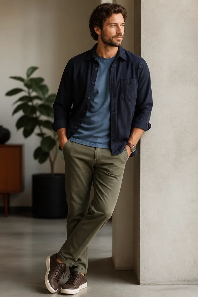 A medium blue t-shirt under a navy overshirt with rolled sleeves. Olive chinos with a slight taper. Dark brown lace-up sneakers and a leather watch.