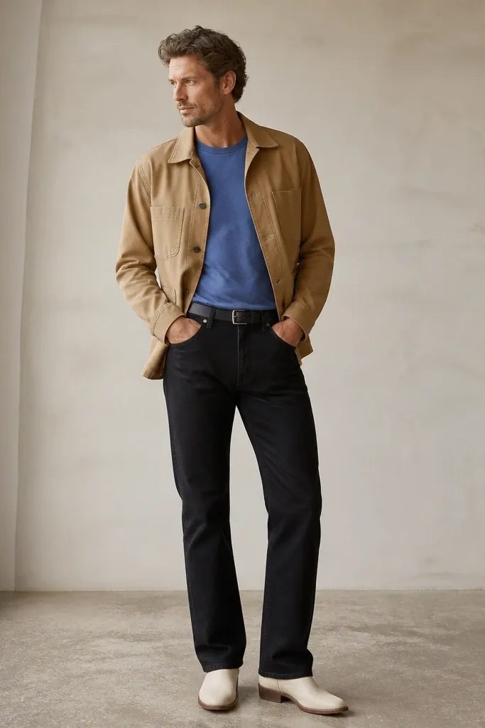 A cornflower blue t-shirt under a tan chore coat with visible seams. Black jeans, straight leg. White leather boots and a black belt.