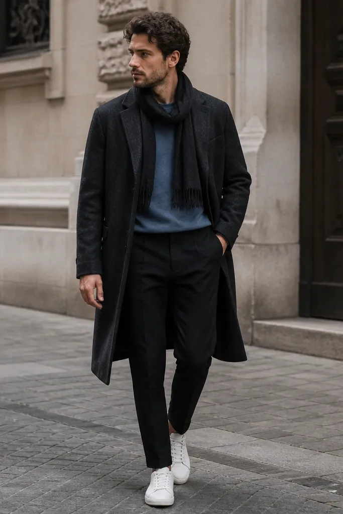 A blue t-shirt worn under a long charcoal wool coat. Black chinos are tapered with a clean hem. Minimalist white sneakers and a dark scarf folded loosely at the neck.