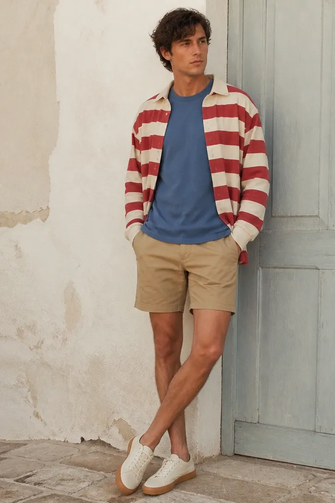 A washed blue t-shirt under a red-and-white striped rugby shirt left open. Khaki shorts end mid-thigh. Canvas sneakers in cream with a gum sole.